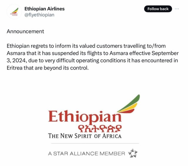 Ethiopian Airlines suspend flights to Eritrea
